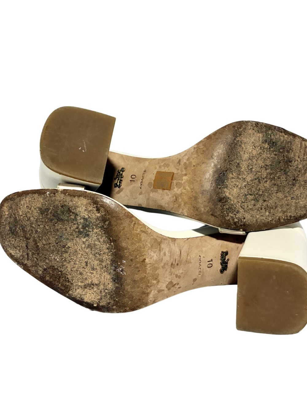 Coach Maya Leather Block Heel Sandal -
Champagne Beige Brass Gold Buckle Size 10 - Picture 13 of 13